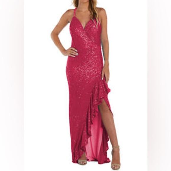 Morgan & Co. Spaghetti Strap V-Neck Ruffle Slit All Over Sequin Slim Gown Sz 13 - Picture 1 of 7